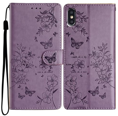 Reevermap for iPhone XS Case Flip Wallet Case Shockproof PU Leather Butterfly Magnetic Bumper Cover for iPhone X Phone Case with Kickstand Card Holder, Purple