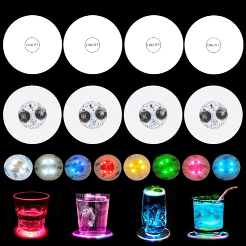 Lot de 8 Dessous de Verre Lumineux, 6 cm Dessous de Verre LED, sous Verre LED, 8 Couleurs, 3 Modes D'éclairage, pour Verres, Bouteilles, Fêtes, Mariages, Bars, Ronds, Imperméables