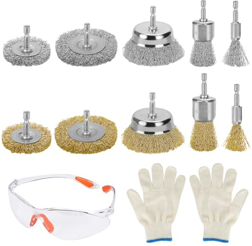 Fairblo 10Pcs Wire Brush for Drill Carbon Steel Wire Brushes, Wheel, Cup Brush Metal Brushes with 1/4 Hex Shank Wire Brush Drill Attachment with Gloves Goggles for Rust Removal Cleaning Polishing
