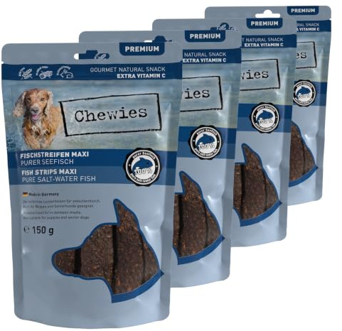Chewies Fleischstreifen Maxi Hundeleckerli aus 100% Seefisch - 4 x 150 g - luftgetrocknete Fisch Kaustreifen für Hunde - natürlich & getreidefrei - Dörrfisch