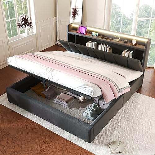 4ft6 Double Bed Frame Upholstered Ottoman Bed with Hydraulic Storage & LED Adjustable Concealed Storage Headboard, Linen Grey Functional Gas Lift Up Beds with Charging Station & Metal-Wood Support
