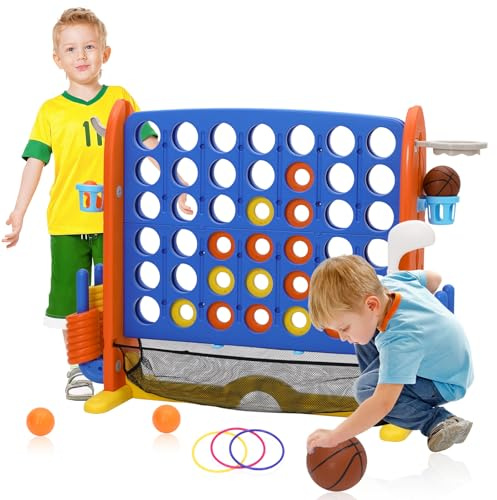 4 in 1 Forza 4 Gigante Altezza Regolabile,Forza 4 con 42 Anelli Jumbo 1 Rete,3 Anelli,1 Pallone da Basket,2 Palline da Golf,1 Mazza da Golf e Barra di Ripristino,Gioco da Tavolo per Bambini e Adulti