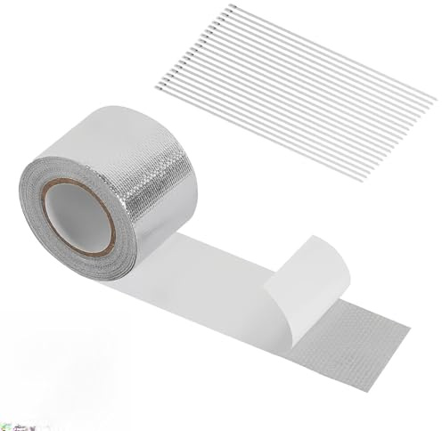 Foonary Hitzeschutzband Auspuff, Selbstklebend Klebeband Aluminiumband Hitzebeständig Hitzeschutzbands 20M x 5cm Auspuffband Selbstklebend mit 20 Kabelbinder hitzeschutzband für Auto Motorrad Krümmer