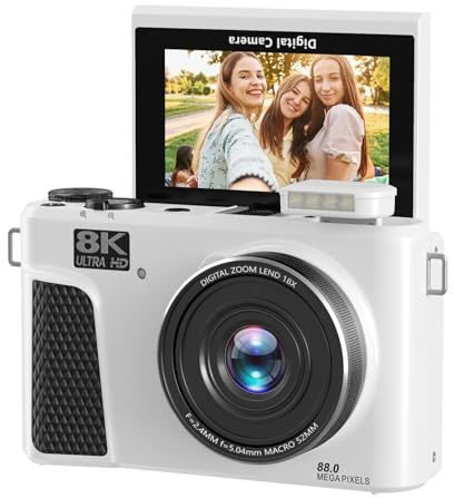 Plyisty Fotocamera Digitale 8K 88MP per Fotografia, Fotocamera per Vlogging WiFi con Schermo Ribaltabile a 180° da 3, Zoom 18X, Messa a Fuoco Automatica, Copriobiettivo, Scheda da 32 GB (WHITE)