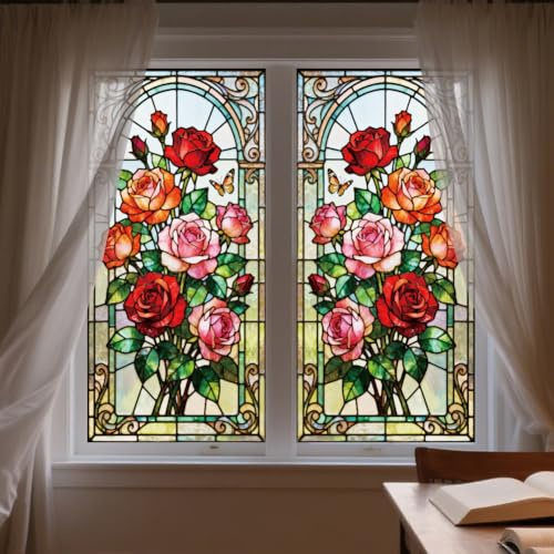 ANATTASOUL Rosen Strauß Fensterbilder for Frühling Sommer | Doppelseitig Blickdichter Badezimmer Fensterbilder Kinderzimmer Wiederverwendbare Fensterbilder Frühling for Winter Herbst