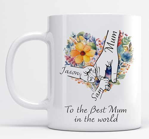 EKAM Personalised Mothers Day Gifts for Mum from Son, Daughter - Custom Hands Holding 11oz Tea/Coffee Mug Cup with Mummy and Kids Name, Best Mum Gifts for Mothersday, Birthday - Mummy Gift Ideas