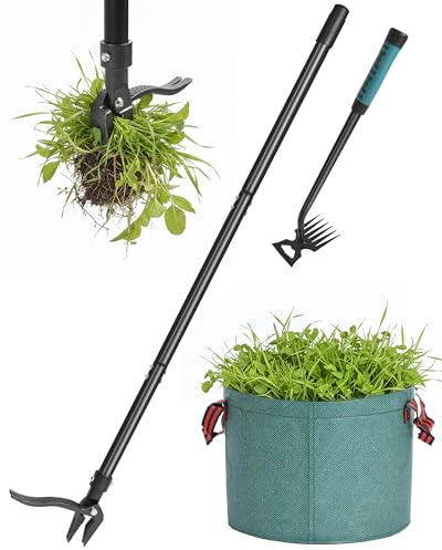TITECK Désherbeur manuel avec long manche (environ 114 cm), désherbeur debout avec 4 griffes, râteau à main et sac à déchets de jardin de 50 l, outil de jardin mécanique pour pelouse et jardin