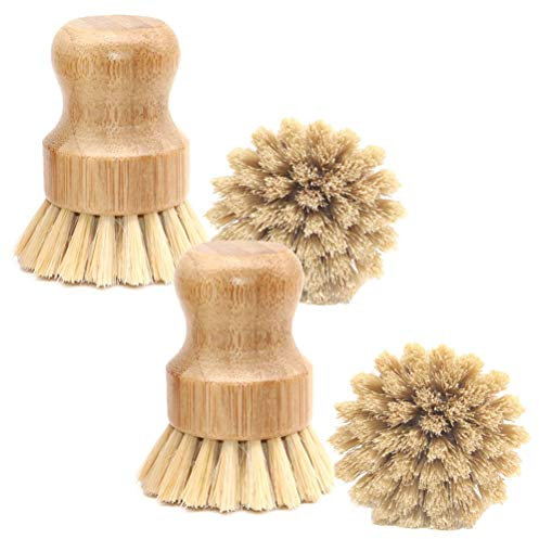 Vankcp 4 Packs Bamboo Palm Scrub Brush Sisal Dish Brush Round Natural Dish Scrubber for Cast Iron Pots, Pans, Kitchen Sink and Vegetable