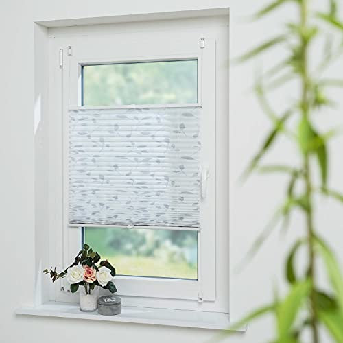 DECOLIA by Garesa Fenster Klemmfix Plissee ohne Bohren Blätter Motiv 70 x 130 cm, Grau - Lichtdurchlässiger Fenster Sichtschutz und Fenster Deko, Faltrollo