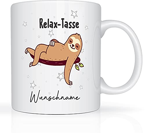 Tasse mit Namen und Relax Motiv Bedruckt Namentasse Namensbecher Relaxmotiv Keramiktasse Weiß Unisize Geschenktasse Geschenkbecher Spruchtasse Spruchbecher Keramik mit Druck Tasse 330ml