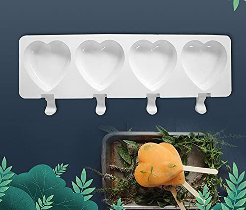 XiaoShenLu Silikon Eismaschine Pop-Form EIS am Stiel-Lolly-Form DIY Küchenwerkzeug mit 50 Stück Holz-EIS am Stiel-Sticks, 4 Löcher Herzen