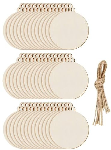 DRERIO 100 Bolas Redondas Madera para Colgar Adornos Navidad, rebanadas Madera en Blanco con Cuerda para decoración del árbol de Navidad, Manualidades