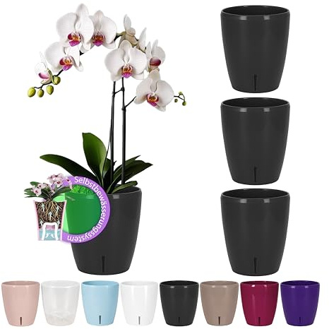 Santino 4er-Set Orchideentopf D 12cm Selbstbewässernder Topf mit Dochtsystem und Wasserstandsanzeige für den Innenbereich - Anthracite - 1,3L