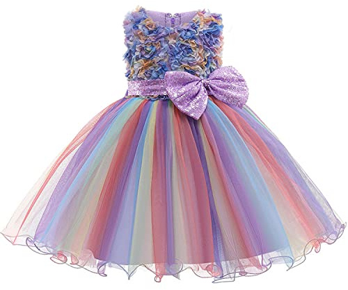 Girls Dress Rainbow Tulle Pegeant Princess Flower Girl Dress Sequin Bow Birthday Party Dress for Kids
