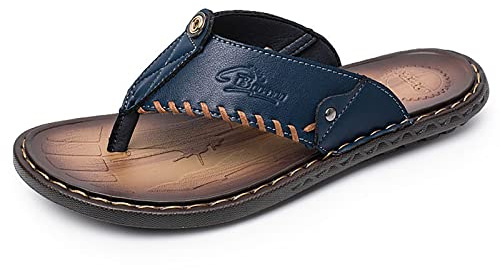 Flip Flops lädersandaler för män komfort lätta sommarstrand platta sandaler (storlek: 42 EU, färg: blå)