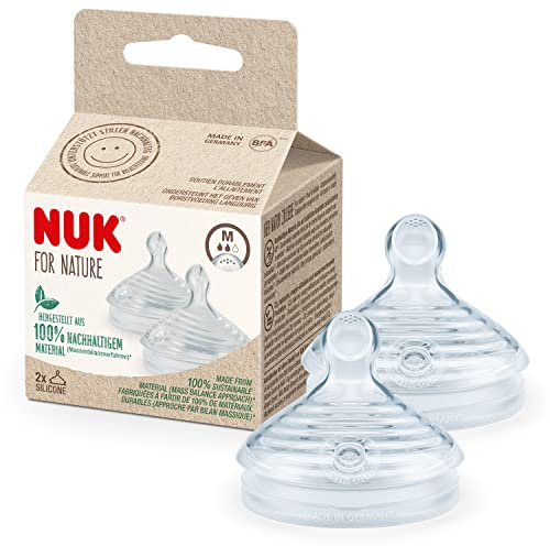 NUK for Nature Ersatz Silikon Trinksauger für Babyflasche | Mittelgroß (6−18 Monate) | Der Mutterbrust nachempfunden | Anti-Colic-Ventil | Nachhaltige Materialien | 2 Stück