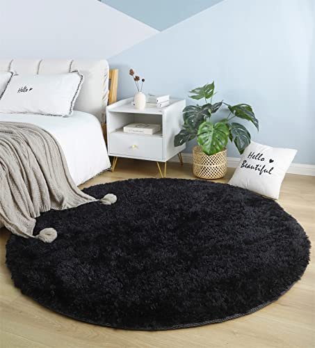 linyingdian Wohnzimmer Teppich runder Plüsch weicher Schlafzimmer Dekor Teppich, waschbar, rutschfest, hochfloriger runder Teppich, Teppich neben dem Bett (Schwarz, 120x120cm)