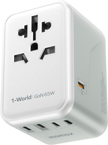 MOMAX Adattatore Universale da Viaggio 70W GaN, 3 USB-C, 2 USB-A, Presa AC, PD3.0, Ricarica Rapida, Compatibile con UK/USA/Australia, UE, Giappone, Canada ecc, Blanco