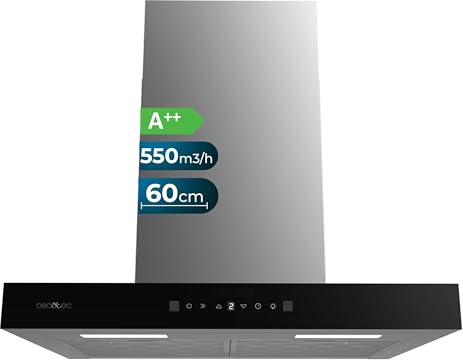 Cecotec Campana Extractora 60 cm Tipo T Bolero Flux TT 605500 Glass Black A++. 70W, Frontal Cristal Negro, Bajo Consumo, Succión 550m3/h, Control Táctil, 3 Niveles, Booster, Luz LED, Filtro Carbono