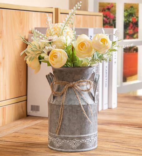 Venalys Vintage Milchkanne aus verzinktem Metall, Farmhouse-Dekovase, rustikale Damast-Milchkanne für Blumen, 18 cm hoch