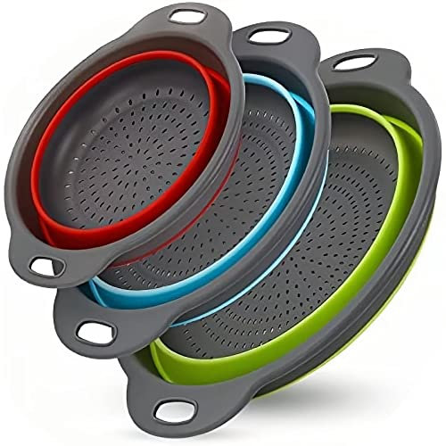 Faltbares Sieb, 3 Stück Silikon Klappbar Abtropfsieb Nudelsieb Set, Abtropfsieb für Küchensieb Faltbar Nudeln, Obst, Gemüse