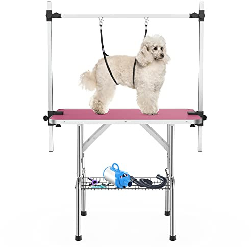 APRILSOUL 36 Inch Pet Grooming Table for Small Dogs,Adjustable Height,Foldable,Anti-Slip Surface,with Arms, Nooses, Mesh Tray