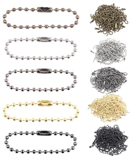 Tantisc 250Pcs 5 Colors Metal Ball Beads Chain Kit, 2.4 x 100mm/0.09” x 3.94” Ball Bead Keychains with Connectors, Dog Tag Chain Necklace Ball Chain Keychains for DIY Crafts
