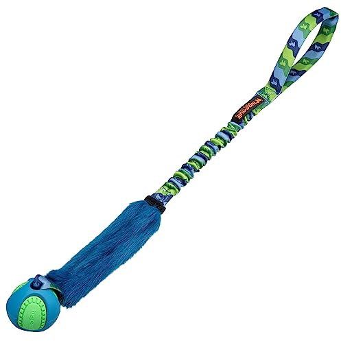 Tug-E-Nuff Fauxtastic PowerBall Bungee Tug (Green Pattern), Durable Fetch & Tug of War Faux Fur Tough Dog Toys with Rubber Ball, Interactive Dog Toys for Training Small, Medium, Large Dogs, 63 cm