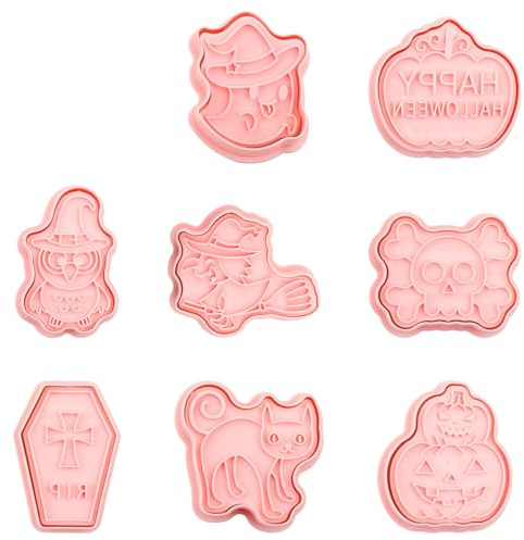 GLADFRESIT - Juego de 8 cortadores de galletas de plástico, calabaza, fantasma, lápida, calavera, búho, bruja, gato, para decoración de pasteles