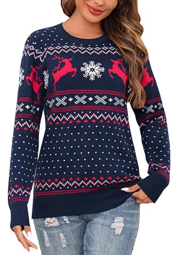 Bresdk Jersey de Navidad Mujer Invierno Sueter de Punto Manga Larga Jerseys | Navideños Familiares Ugly Christmas Sweater Cuello Redondo