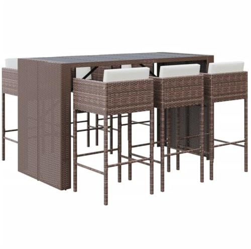 vidaXL 7-TLG. Gartenbar-Set mit Kissen Braun Poly Rattan