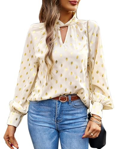 BAISHENGGT Mobius's Sternenhimmel Blusen Tuniken Damen Elegant Chiffon Stehkragen Puffärmel Gold Hot Stamping Dating Party Bluse Oberteile Aprikose XL
