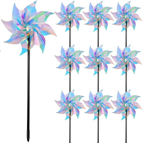 ERBO Lot de 10 moulins à vent réfléchissants, pour balcon, jardin, verger, cour, toit (couleurs arc-en-ciel transparentes, Ø 24 cm)