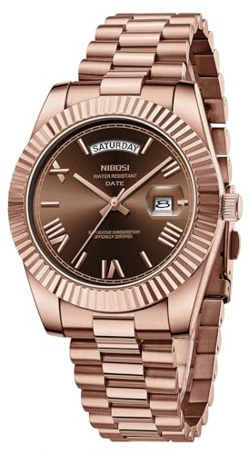 NIBOSI Herrklocka armbandsur män analog kvartsur rostfritt stål klockor för män vattentät affärsliv klassisk klocka med dag och datumvisning, Rosébrun, Armband