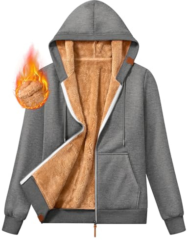 Xnova Damen Hooded Sweatjacke mit Reißverschluss Herbst Winter, Basic Zip Hoodie Langarm mit Fleece-Futter Warme, Casual Kapuze Jacke Teddyfleece Hoody Sweatshirt Oberteile Pullover (Dunkelgrau, XXL)