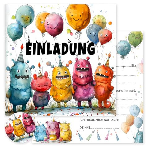 Vielucks®15 x Dino Einladungskarten-Quadrat -Original-mit Aufkleber,Einladungskarten Kindergeburtstag Junge Mädchen,Geburtstagseinladungen,Partyeinladungen,Einschulung Einladungskarten (Monster)