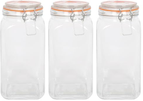 Argon Tableware 1.7L Square Glass Jars with Clip-top Lids - 3pc Airtight Kitchen Mason Jar Food Storage Preserving Container for Pickling, Chutney, Jam, Coffee, Oats