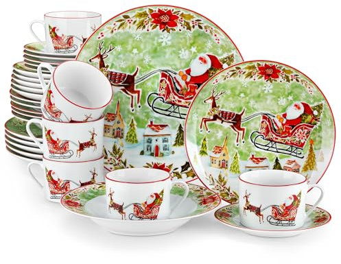 VEWEET - Vajilla de Navidad de 30 Piezas para 6 Personas en Porcelana, con Platos Llanos, de Postre, Hondos, Tazas de Café y Platillos, con Motivos de Reno, Acebo y Papá Noel, en Verde, Serie XMAS
