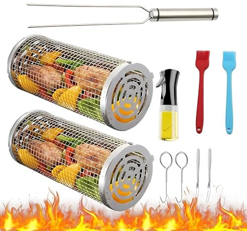aichilra Panier à Griller Roulant, 2 Paniers de Barbecue Ronds en Acier Inoxydable avec vaporisateur d'huile, brosse à huile, Accessoires Barbecue Portable pour Griller Légumes, Viande