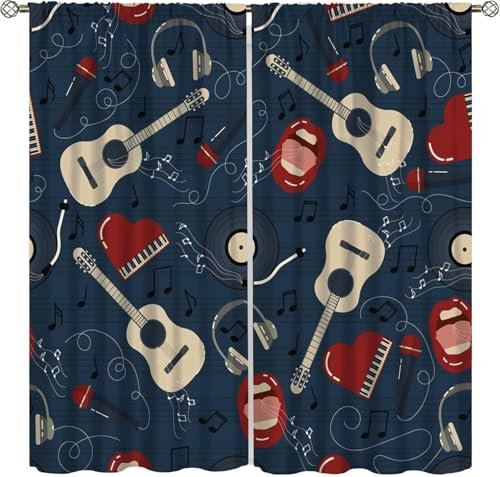 Kinder Verdunkelungsvorhänge Musikinstrument Gitarre 3D Polyester Ösen Vorhang, Für Wohnzimmer Schlafzimmer Kinderzimmer Junge Mädchen Zimmer Blickdicht Schallschutzvorhänge 2Er Set 220 9426352354034