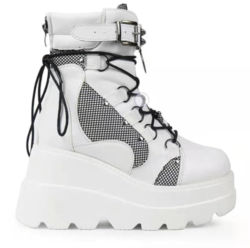 GooMaShoes Women's Studded Buckle Grid Lace up Platform Goth Boots, Punk Back Zipper Wedge High Heel Combat Boots Booties, Gothic Ankle Boots Shoes (White, UK 6)