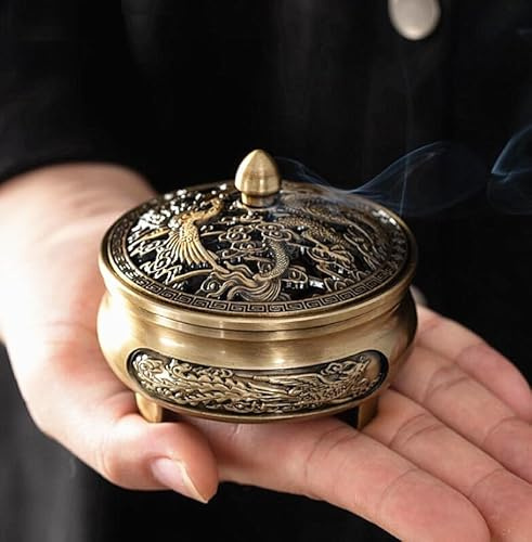 EatingBiting 3.1 Incense Burner Dragon Phoenix Carved Pure Copper Sandalwood Three Legged Stove Office Home Chinese Style Incense Burner with Lid