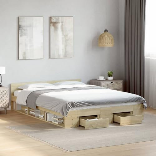 NQJIBUE Home Garden Bettgestell mit Schubladen ohne Matratze Sonoma Eiche 140x200 cm