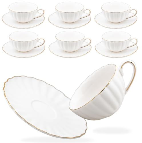 Prefdo Porcelain Tea Cups and Saucers Set of 6, British Style Ceramic Tea Cup Coffee Mug Espresso Cup White Tea Cup Set for Women Home Kitchen Office Coffee Shop Tea Party, 200ml/7 OZ
