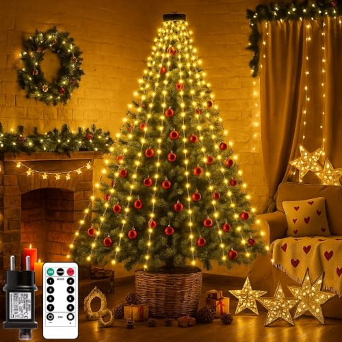 Lichterkette Weihnachtsbaum mit Ring, 2M 280 LED Christbaumbeleuchtung, Weihnachtsbeleuchtung mit 8 Stränge,8 Modi,IP45, Weihnachtsbaum Lichterketten mit Timer, für Tannenbaum, Partys, Weihnachten