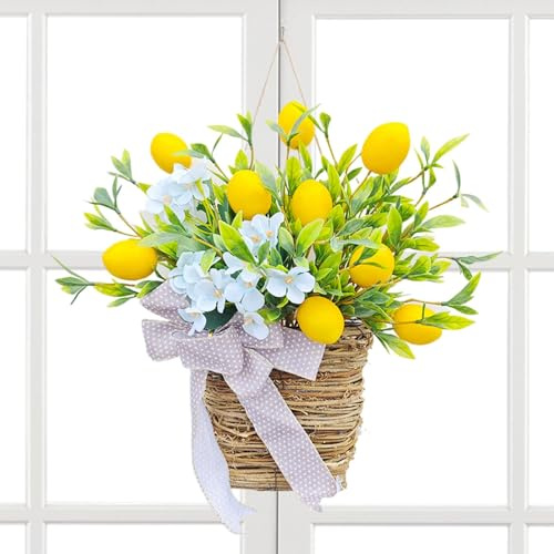 Front Door Basket Wreath - Artificial Lemon Flower Basket, Artificial Lemon Flower Blue, Lemon Flower Door Hanging Basket Garland, Artificial Spring Wreath For Window Farmhouse Decor