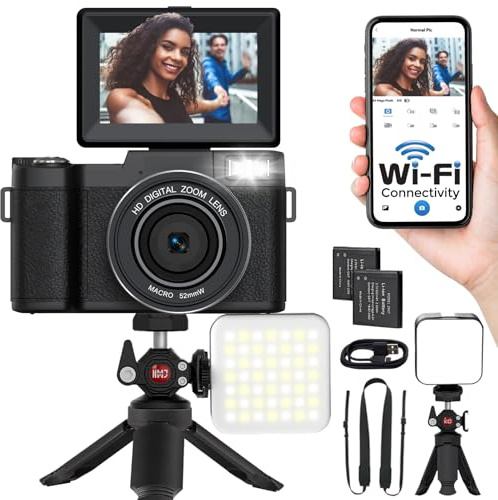 Appareil photo numérique 5K avec WiFi 64 MP Autofocus Full HD Caméra de vlogging pour YouTube Point and Shoot Camera avec écran rabattable pour débutants avec lumière selfie, mini trépied, piles