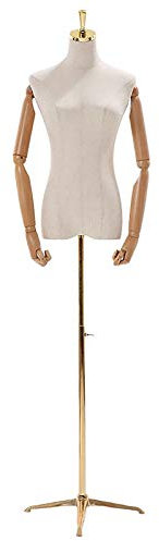 GLJTUO Weiblicher Mannequin-Torso, Körperpuppe, Kleiderpuppe, Höhenverstellbar, Halber Mannequin-Torso Für Frauen Mit Goldenem Stativständer Und Kopf, Für Die Schaufensterdek,with Wood Arms-S