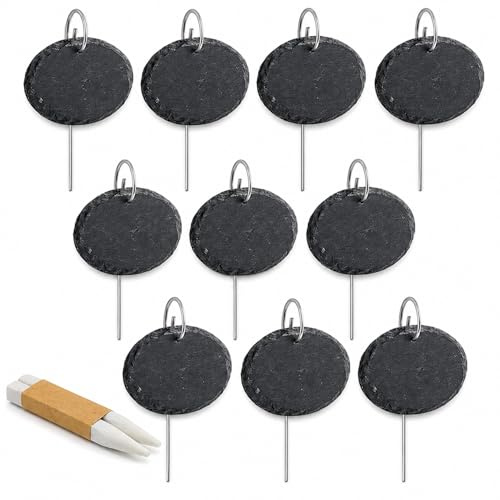 Dimoxii 10 Schiefer-Pflanzschilder mit 40 cm Spießen & 2 Kreidestiften | Beschriftbare Kräuterschilder 10 × 7 × 0,5 cm, wiederverwendbar für Garten, Balkon, Hochbeet und Blumentöpfe (Oval)