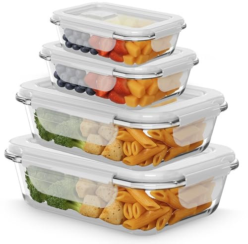ZENO Glass Containers with Lids 4 Pack | Meal Prep Containers | Glass Food Container with Lid, Airtight Seal, Leakproof Lid | Dishwasher Safe | Freezer & Microwave Safe | 4 Sizes Multipack